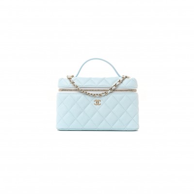 CHANEL CC TOP HANDLE LONG VANITY CASE WITH CHAIN SHINY CAVIAR LIGHT GOLD HARDWARE LIGHT BLUE AP4385 B10583 (19.5*17*5cm)